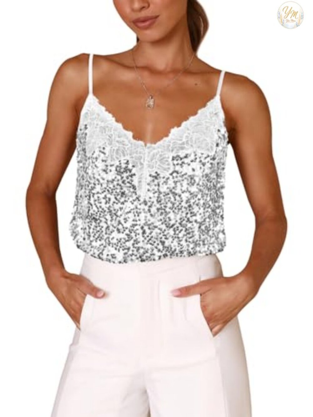 Sequin V-Neck Backless Tank Top Glitter Sparkle Summer Party Camisole